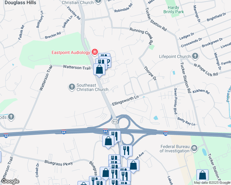 map of restaurants, bars, coffee shops, grocery stores, and more near 11805 Ellingsworth Lane in Louisville