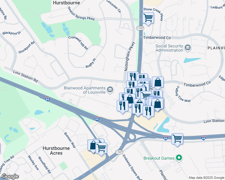 map of restaurants, bars, coffee shops, grocery stores, and more near 1301 Lancaster Place in Hurstbourne