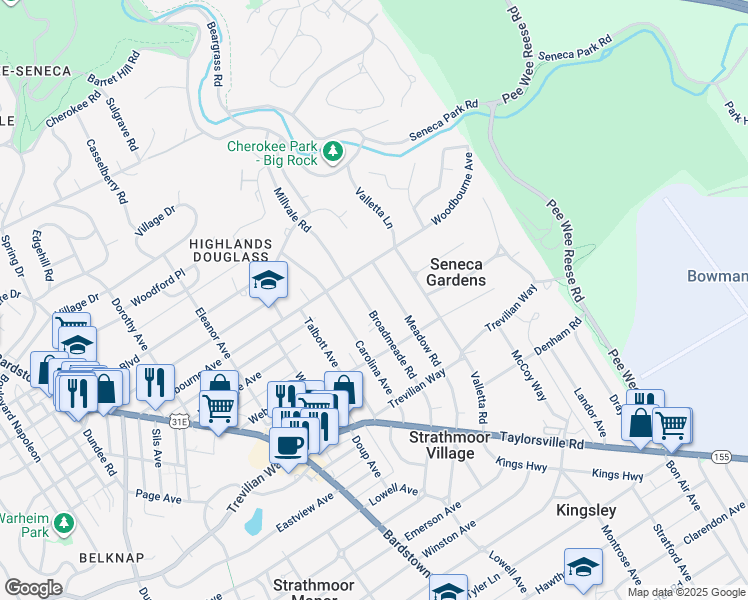 map of restaurants, bars, coffee shops, grocery stores, and more near 2328 Broadmeade Road in Louisville