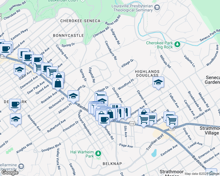 map of restaurants, bars, coffee shops, grocery stores, and more near 2145 Woodford Place in Louisville