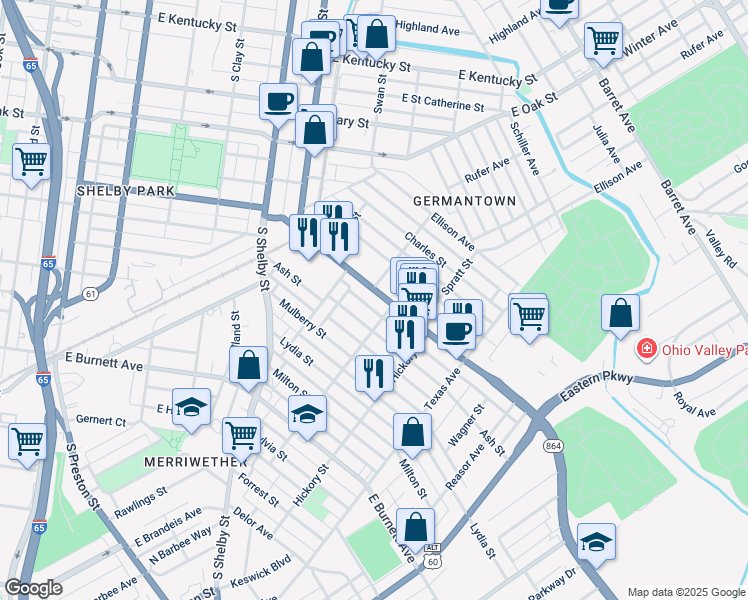 map of restaurants, bars, coffee shops, grocery stores, and more near 1314 Hoertz Avenue in Louisville