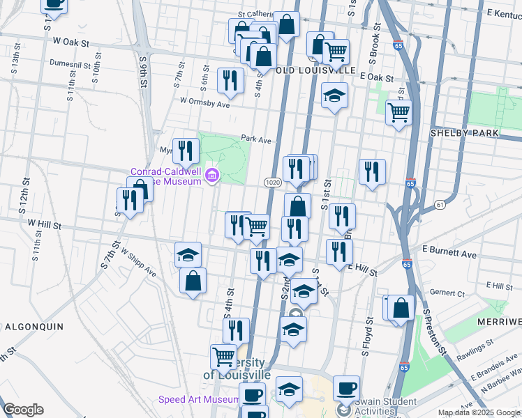 map of restaurants, bars, coffee shops, grocery stores, and more near 1445 Hill Street in Louisville