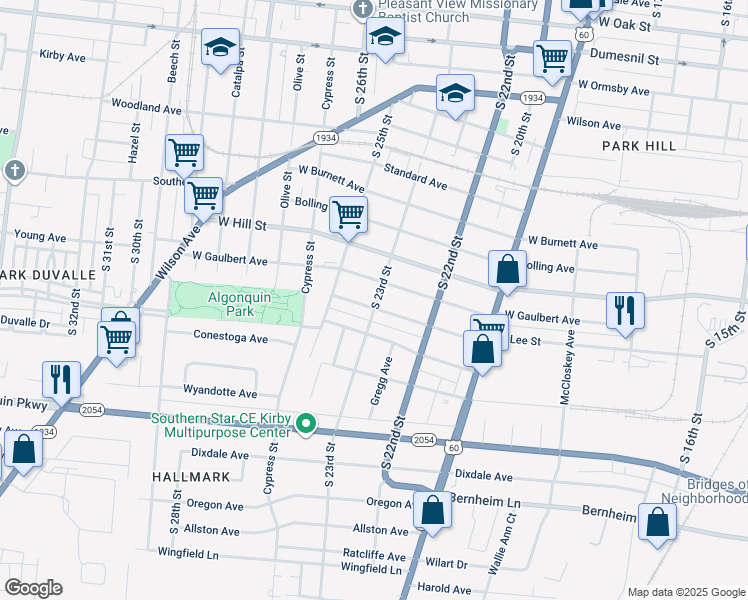 map of restaurants, bars, coffee shops, grocery stores, and more near 2144 West Lee Street in Louisville