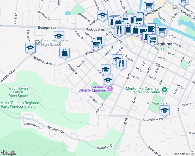 map of restaurants, bars, coffee shops, grocery stores, and more near 201 Fair Street in Petaluma