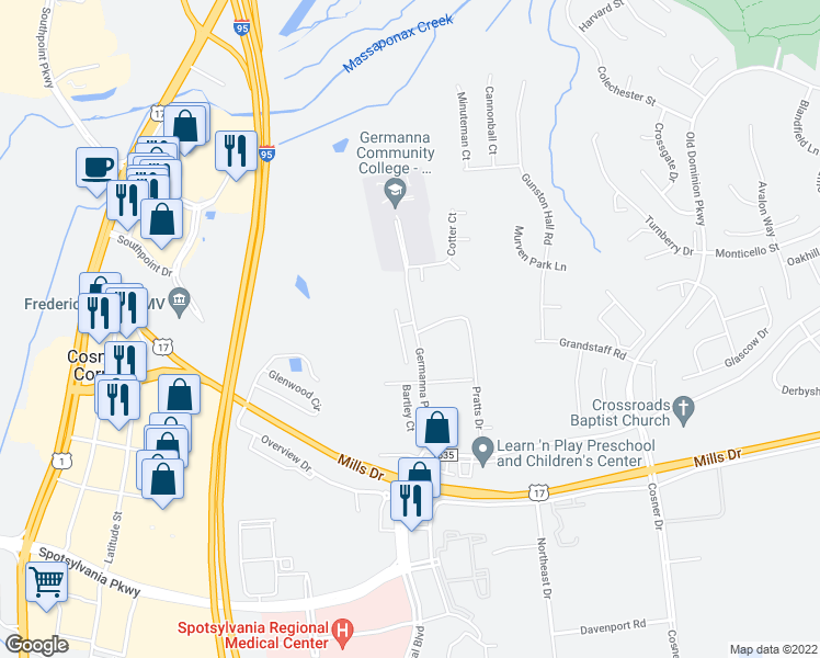 map of restaurants, bars, coffee shops, grocery stores, and more near 9931 Matti Hill Court in Fredericksburg