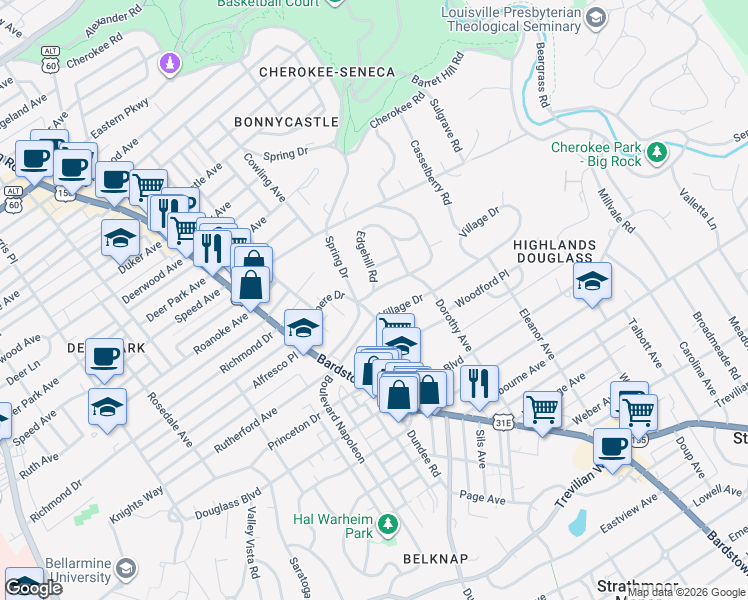 map of restaurants, bars, coffee shops, grocery stores, and more near in Louisville