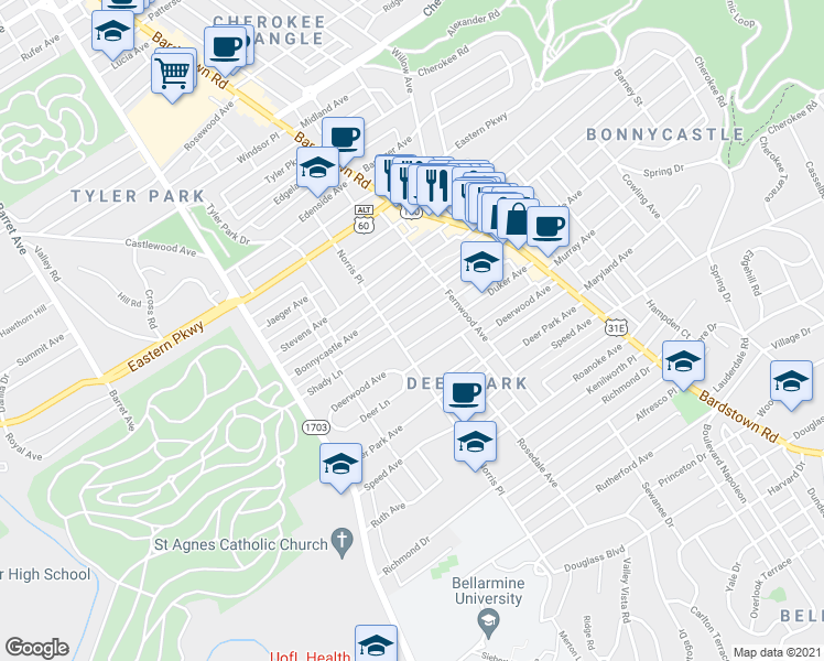 map of restaurants, bars, coffee shops, grocery stores, and more near 1812 Shady Lane in Louisville