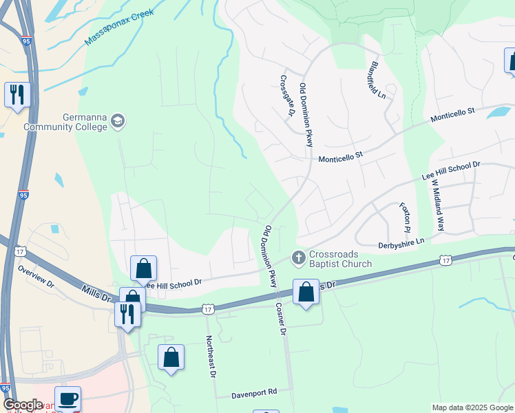 map of restaurants, bars, coffee shops, grocery stores, and more near 9609 Dominion Forest Circle in Fredericksburg
