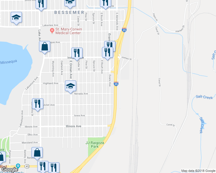 map of restaurants, bars, coffee shops, grocery stores, and more near 2313 East Evans Avenue in Pueblo