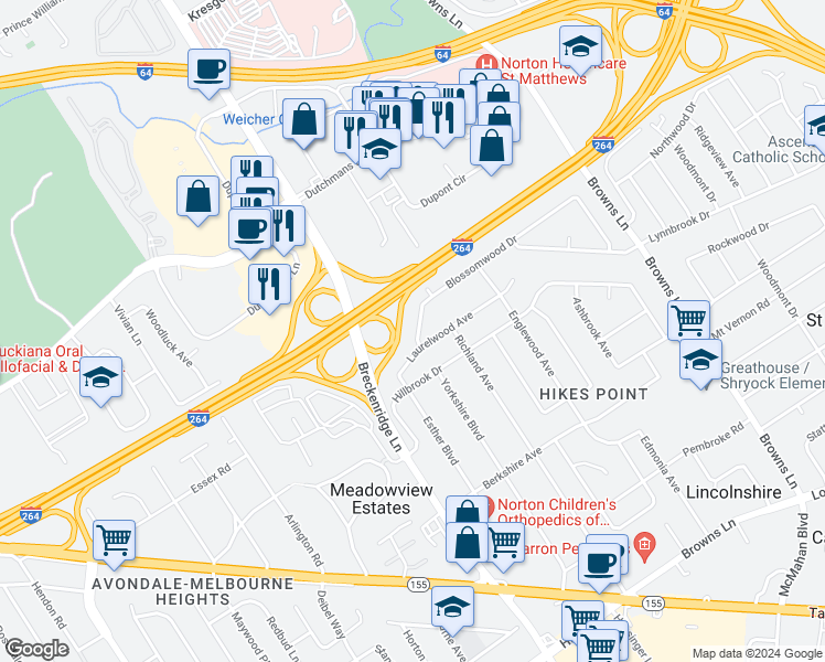map of restaurants, bars, coffee shops, grocery stores, and more near 4007 Blossomwood Drive in Louisville