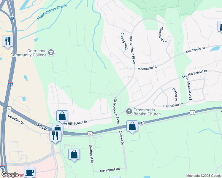 map of restaurants, bars, coffee shops, grocery stores, and more near 9609 Dominion Forest Circle in Fredericksburg