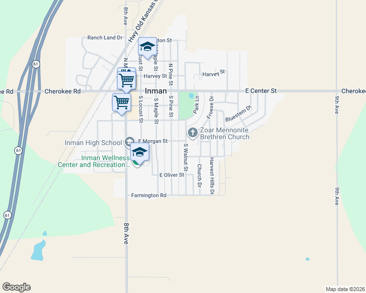 map of restaurants, bars, coffee shops, grocery stores, and more near 408 South Pine Street in Inman