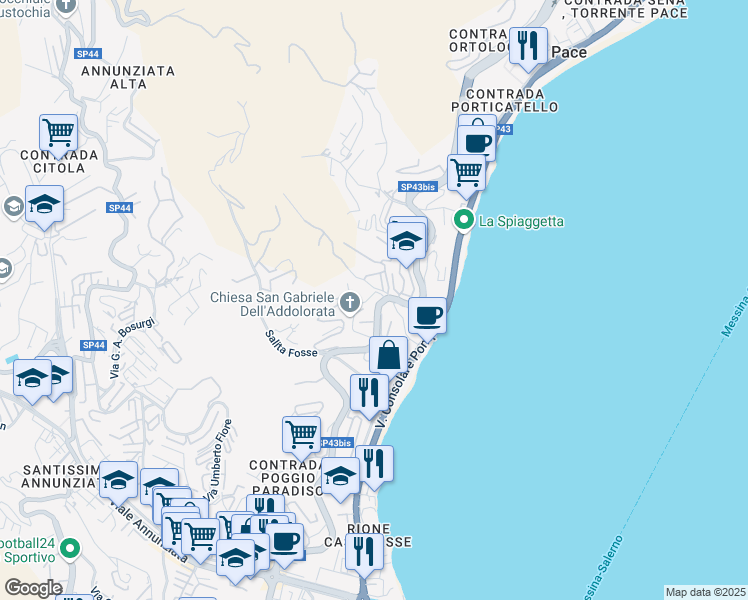map of restaurants, bars, coffee shops, grocery stores, and more near 1578 Strada Panoramica dello Stretto in Messina