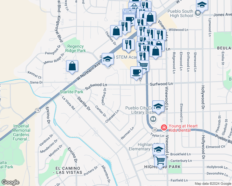 map of restaurants, bars, coffee shops, grocery stores, and more near 2107 Chatalet Lane in Pueblo