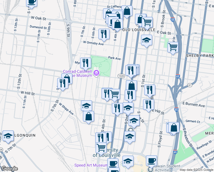 map of restaurants, bars, coffee shops, grocery stores, and more near 414 Fountain Court in Louisville