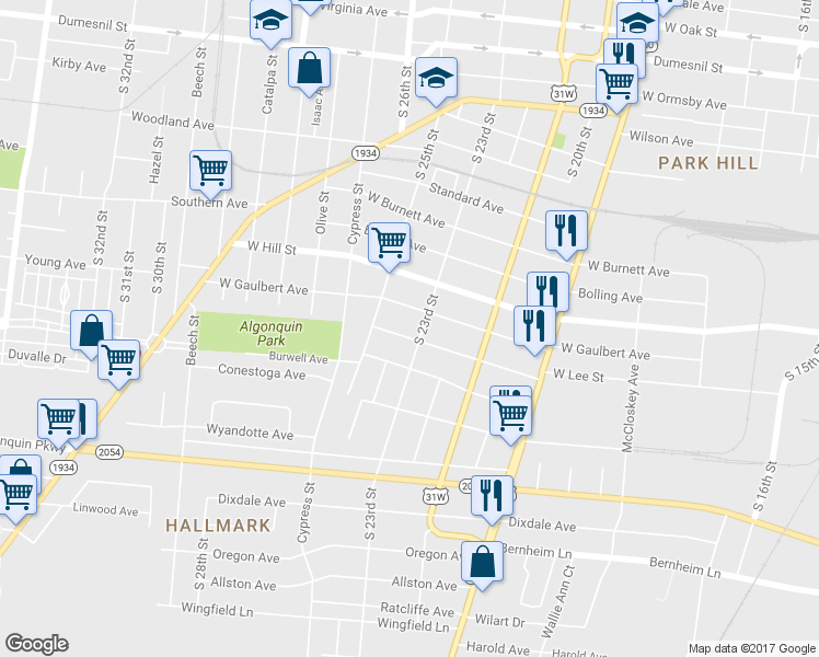 map of restaurants, bars, coffee shops, grocery stores, and more near 2311 Burwell Avenue in Louisville
