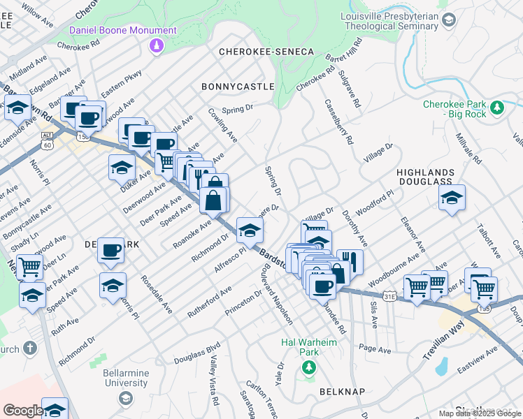 map of restaurants, bars, coffee shops, grocery stores, and more near 2023 Grasmere Drive in Louisville
