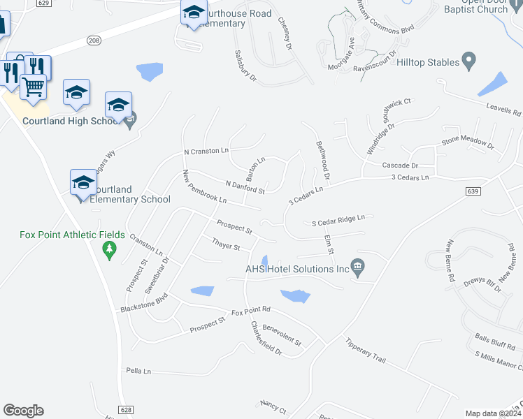map of restaurants, bars, coffee shops, grocery stores, and more near 6003 New Pembrook Lane in Fredericksburg