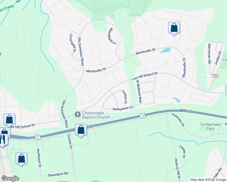 map of restaurants, bars, coffee shops, grocery stores, and more near 9829 Foxton Place in Fredericksburg