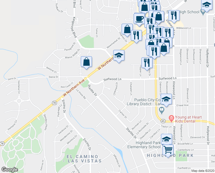 map of restaurants, bars, coffee shops, grocery stores, and more near 104 San Carlos Road in Pueblo