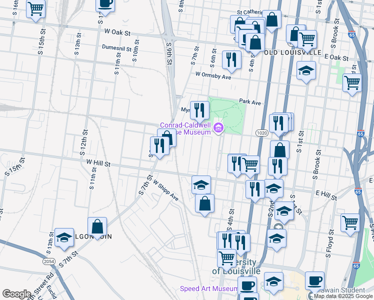 map of restaurants, bars, coffee shops, grocery stores, and more near 1452 South 6th Street in Louisville