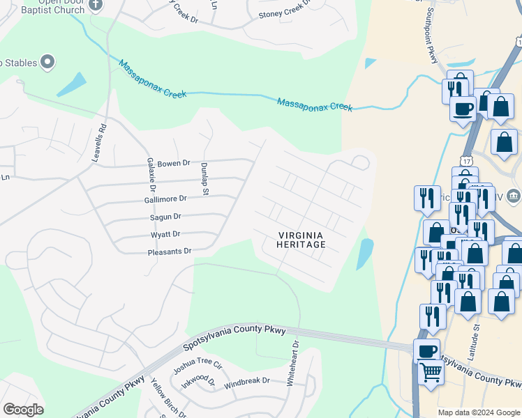 map of restaurants, bars, coffee shops, grocery stores, and more near 5521 West Rich Mountain Way in Fredericksburg