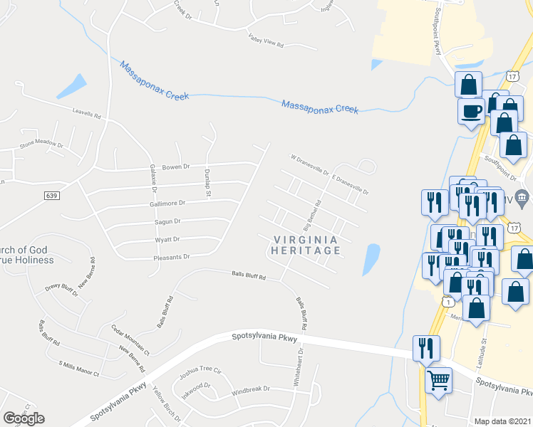 map of restaurants, bars, coffee shops, grocery stores, and more near 5521 West Rich Mountain Way in Fredericksburg