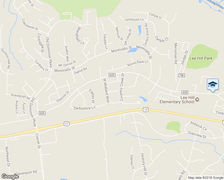 map of restaurants, bars, coffee shops, grocery stores, and more near 4107 Canopy Way in Fredericksburg