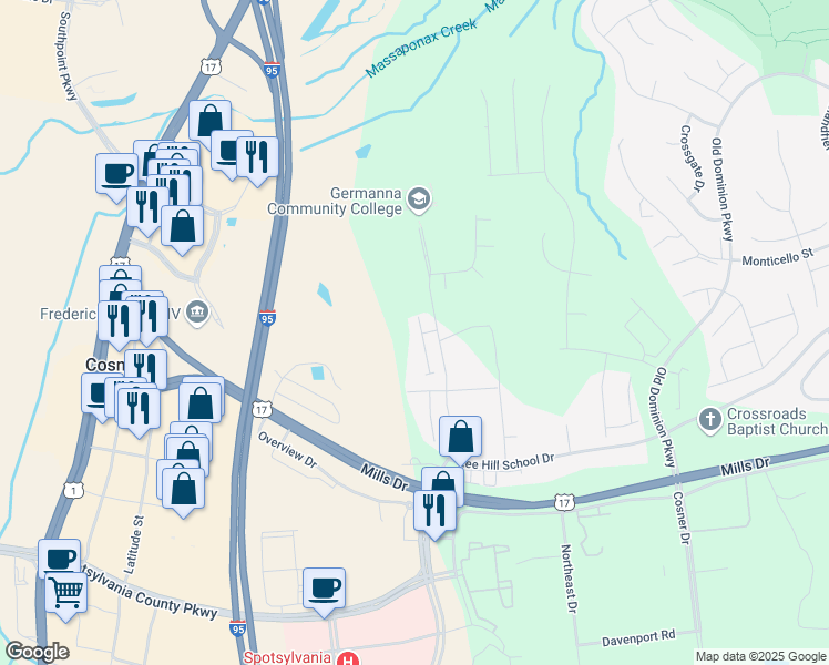 map of restaurants, bars, coffee shops, grocery stores, and more near 9938 Matti Hill Court in Fredericksburg