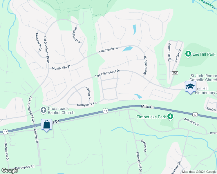 map of restaurants, bars, coffee shops, grocery stores, and more near 4103 Canopy Way in Fredericksburg