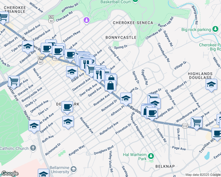 map of restaurants, bars, coffee shops, grocery stores, and more near 1823 Bardstown Road in Louisville