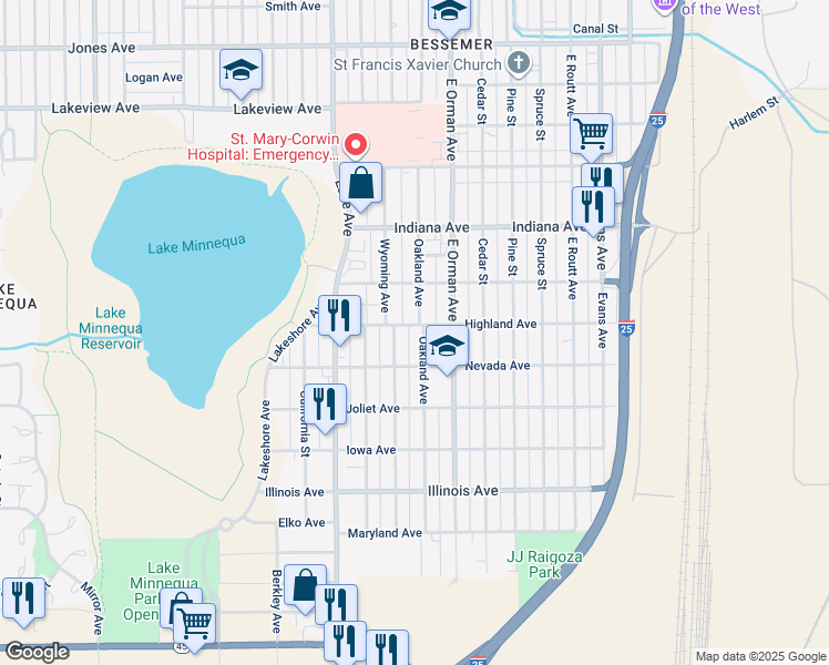 map of restaurants, bars, coffee shops, grocery stores, and more near 2321 Oakland Avenue in Pueblo