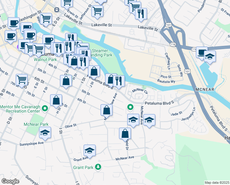 map of restaurants, bars, coffee shops, grocery stores, and more near 15 Grandview Avenue in Petaluma