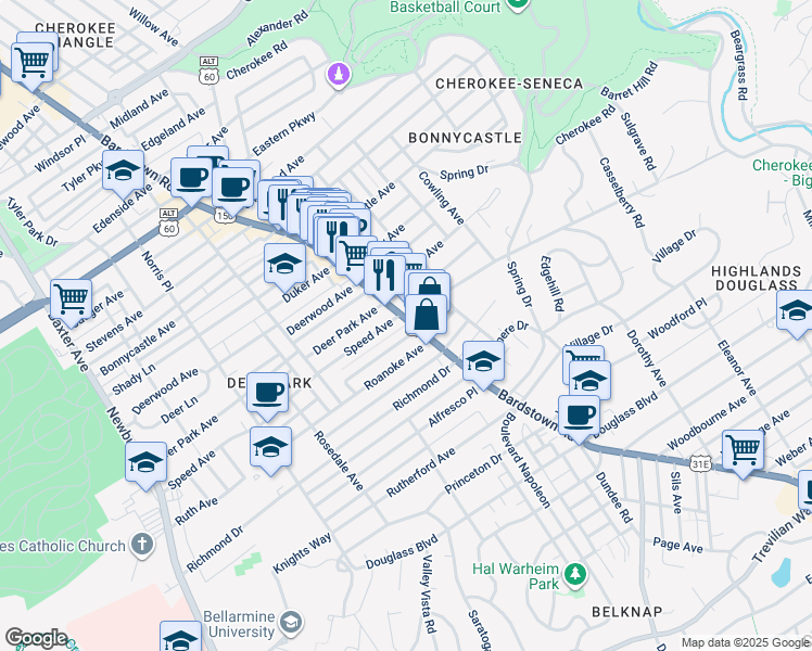 map of restaurants, bars, coffee shops, grocery stores, and more near 1951 Roanoke Avenue in Louisville