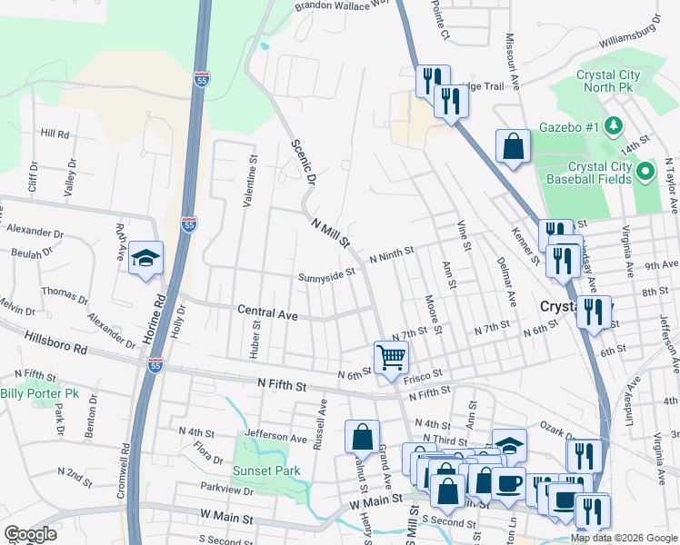 map of restaurants, bars, coffee shops, grocery stores, and more near 821 Woodland Avenue in Festus