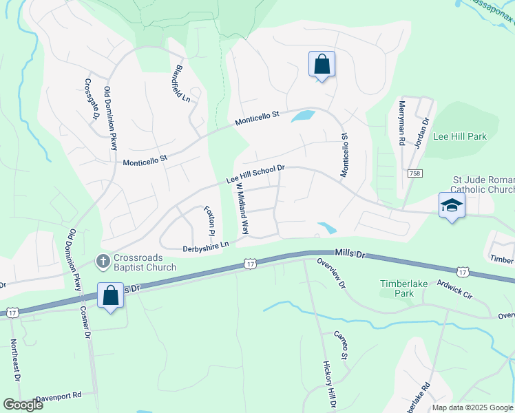 map of restaurants, bars, coffee shops, grocery stores, and more near 4103 Canopy Way in Fredericksburg