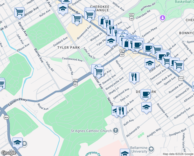 map of restaurants, bars, coffee shops, grocery stores, and more near 1520 Baxter Avenue in Louisville