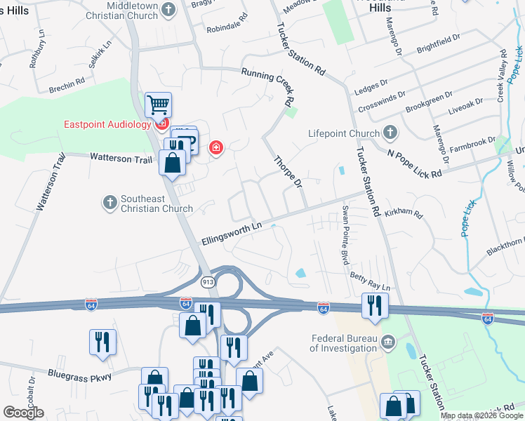 map of restaurants, bars, coffee shops, grocery stores, and more near 11937 Ellingsworth Lane in Louisville