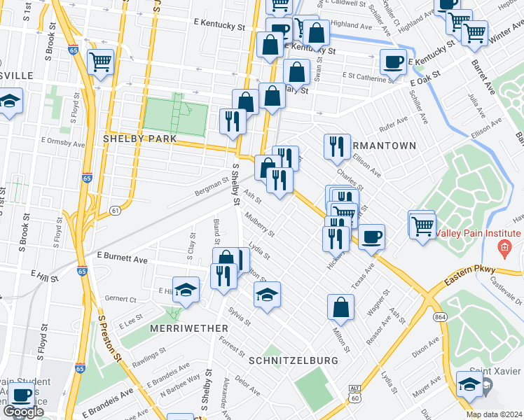 map of restaurants, bars, coffee shops, grocery stores, and more near 846 Ash Street in Louisville