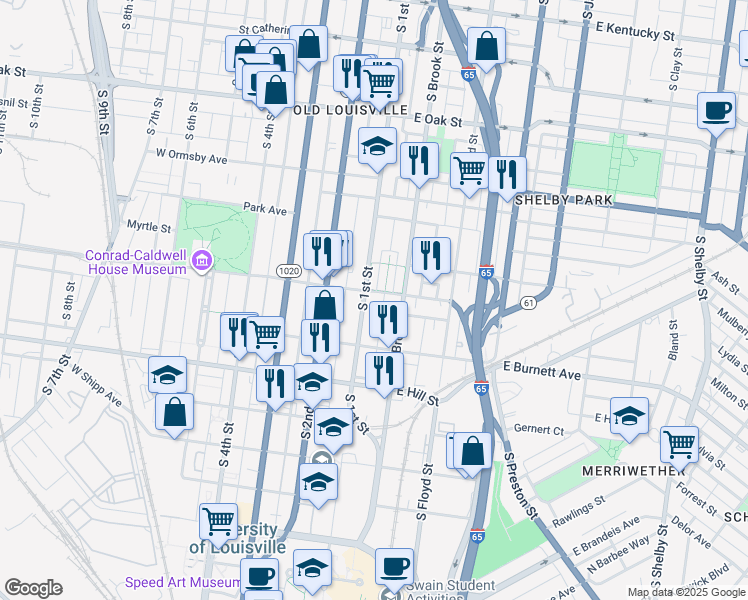 map of restaurants, bars, coffee shops, grocery stores, and more near 1392 South 1st Street in Louisville