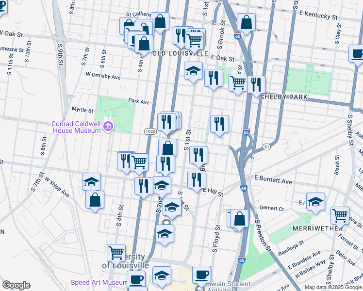 map of restaurants, bars, coffee shops, grocery stores, and more near 1392 South 1st Street in Louisville