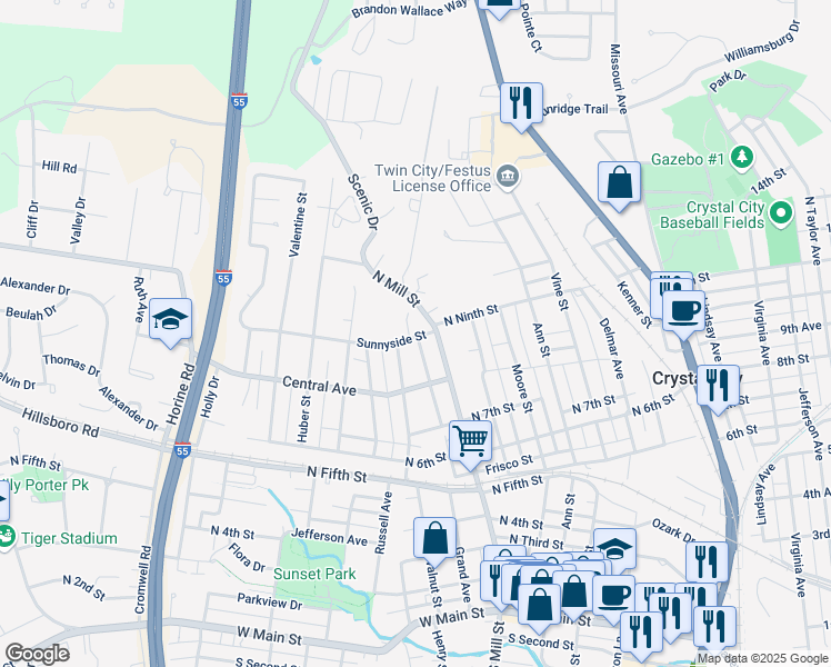 map of restaurants, bars, coffee shops, grocery stores, and more near 916 North Mill Street in Festus
