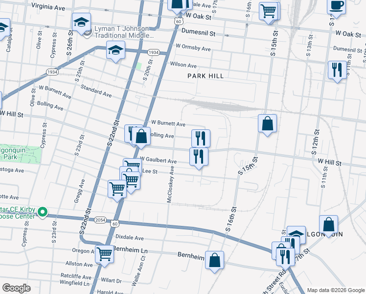 map of restaurants, bars, coffee shops, grocery stores, and more near 1739 Bolling Avenue in Louisville