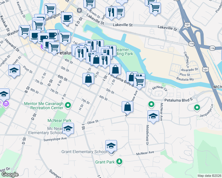 map of restaurants, bars, coffee shops, grocery stores, and more near 732 Petaluma Boulevard South in Petaluma