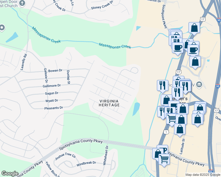 map of restaurants, bars, coffee shops, grocery stores, and more near 6100 West Greenbrier River Road in Fredericksburg