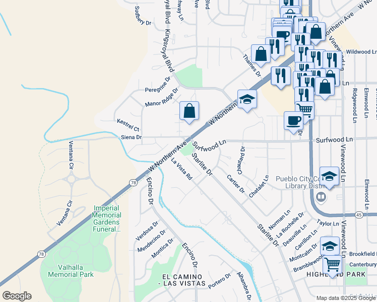 map of restaurants, bars, coffee shops, grocery stores, and more near Surfwood Lane in Pueblo