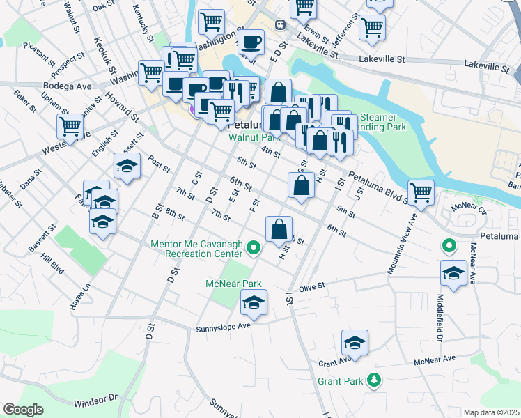 map of restaurants, bars, coffee shops, grocery stores, and more near 413 6th Street in Petaluma