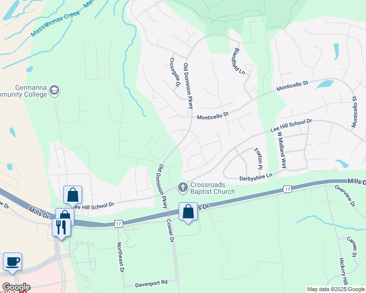 map of restaurants, bars, coffee shops, grocery stores, and more near 9404 Muirfield Court in Fredericksburg