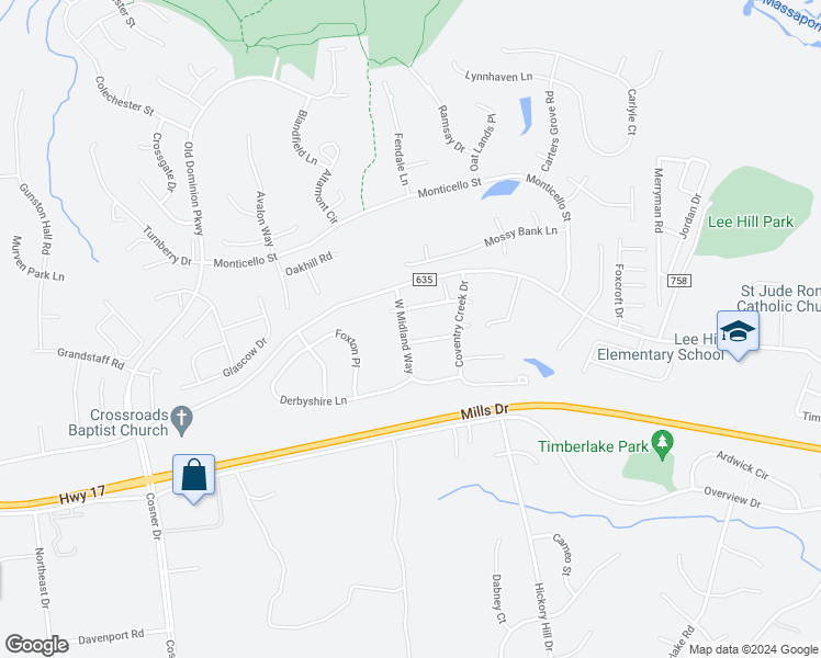 map of restaurants, bars, coffee shops, grocery stores, and more near 9917 West Midland Way in Fredericksburg