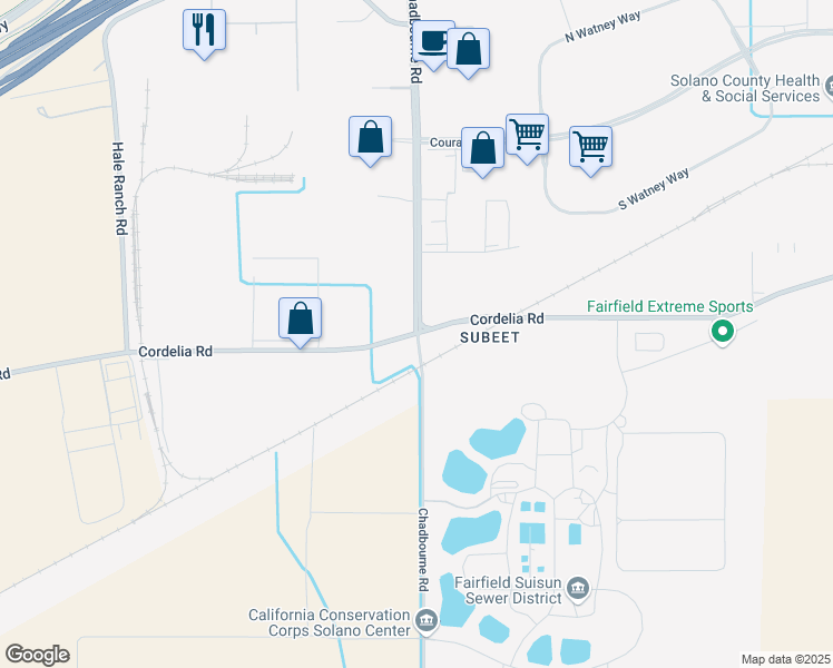 map of restaurants, bars, coffee shops, grocery stores, and more near 2950 Cordelia Road in Fairfield